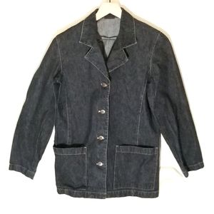 Chico's Denim Jean Jacket Blazer Sz 0 Dk Blue Button Front 2 Pockets Mid-Length